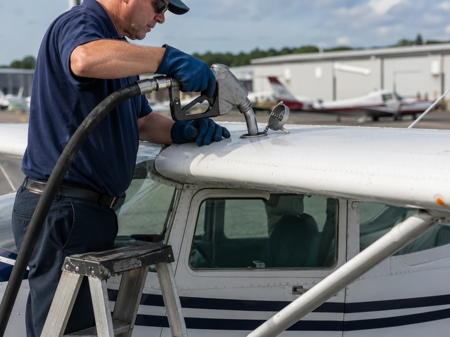 A line technician fueling a piston aircraft with 100LL from a wing-mounted port
