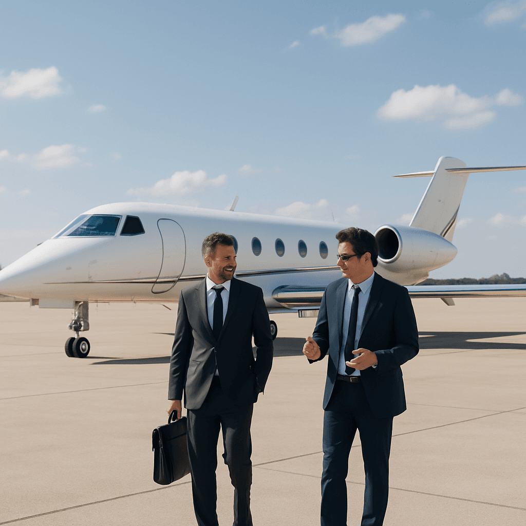 Two business travelers walking toward a private jet on the ramp