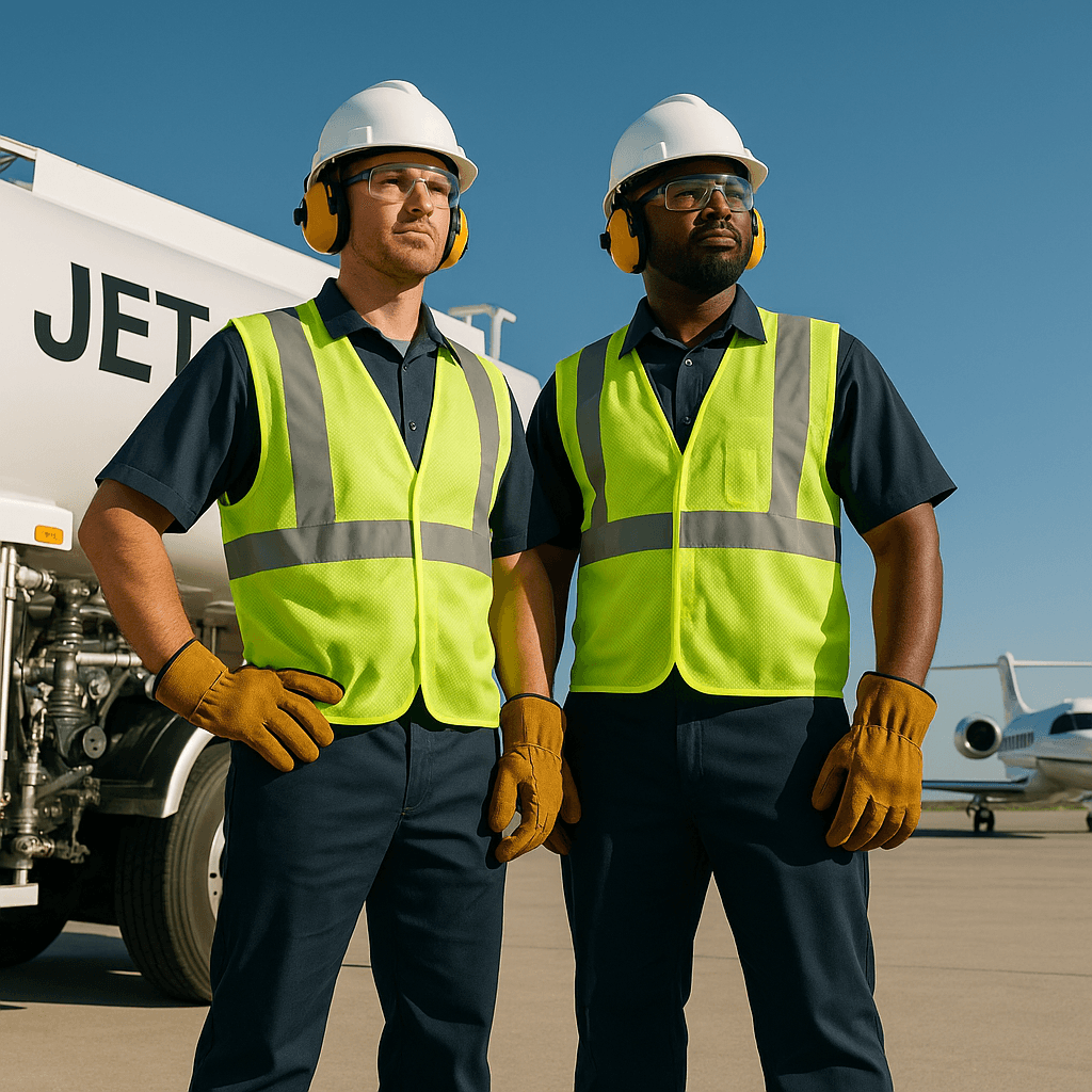 Two line service technicians on the ramp beside a Jet-A fuel truck